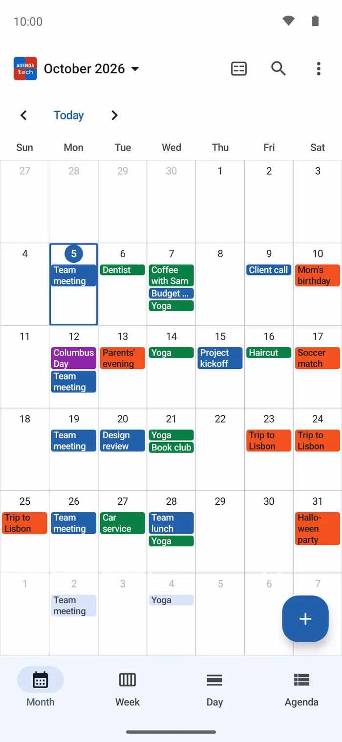 Agenda Tech — Month view, titles in the grid
