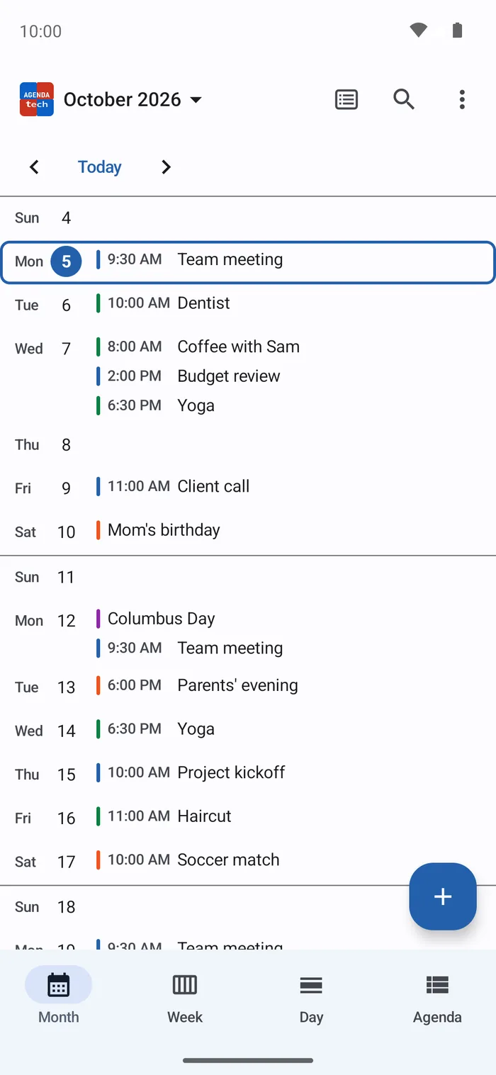 Agenda Tech — Month view, one row per day