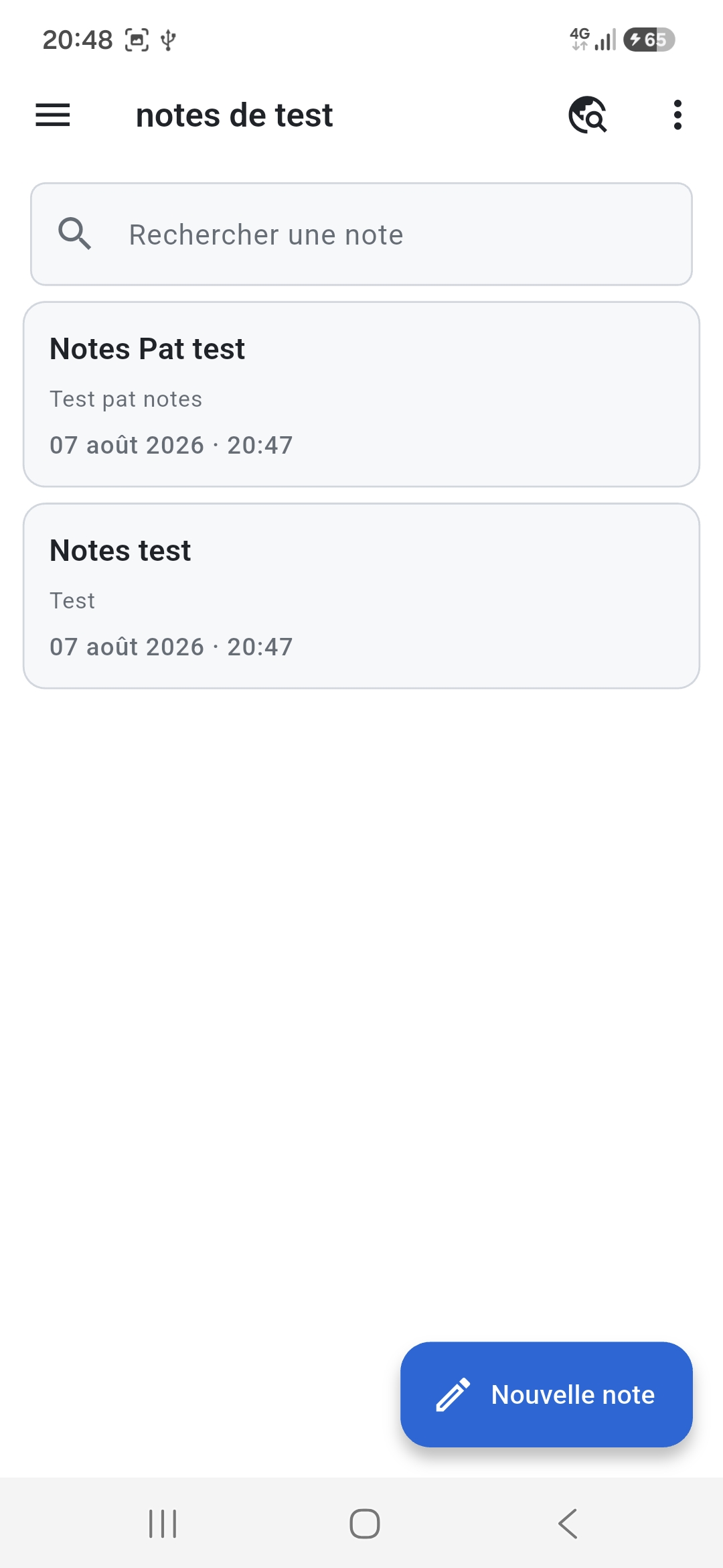 Notes Tech — écran d'accueil, liste des notes