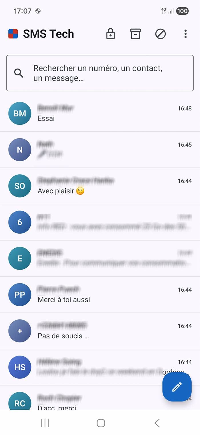 App SMS Tech liste des conversations