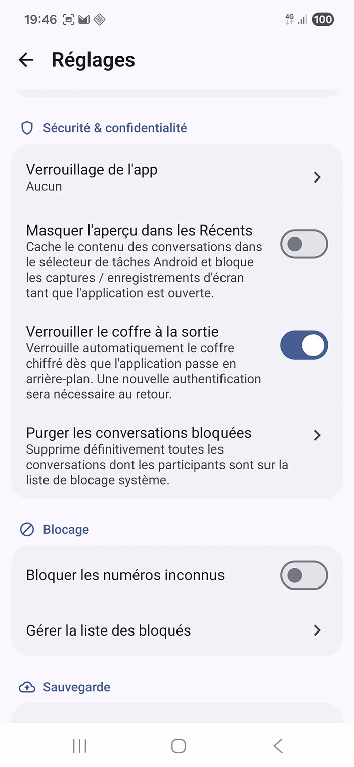 App SMS Tech réglages sécurité